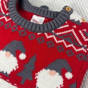 Holiday Time Kids Red Gnome Fair Isle Knit Sweater Button Shoulder Gray Trim‎ 5T
